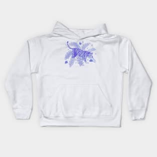 Indigo blue tiger and tropical leaves Kids Hoodie